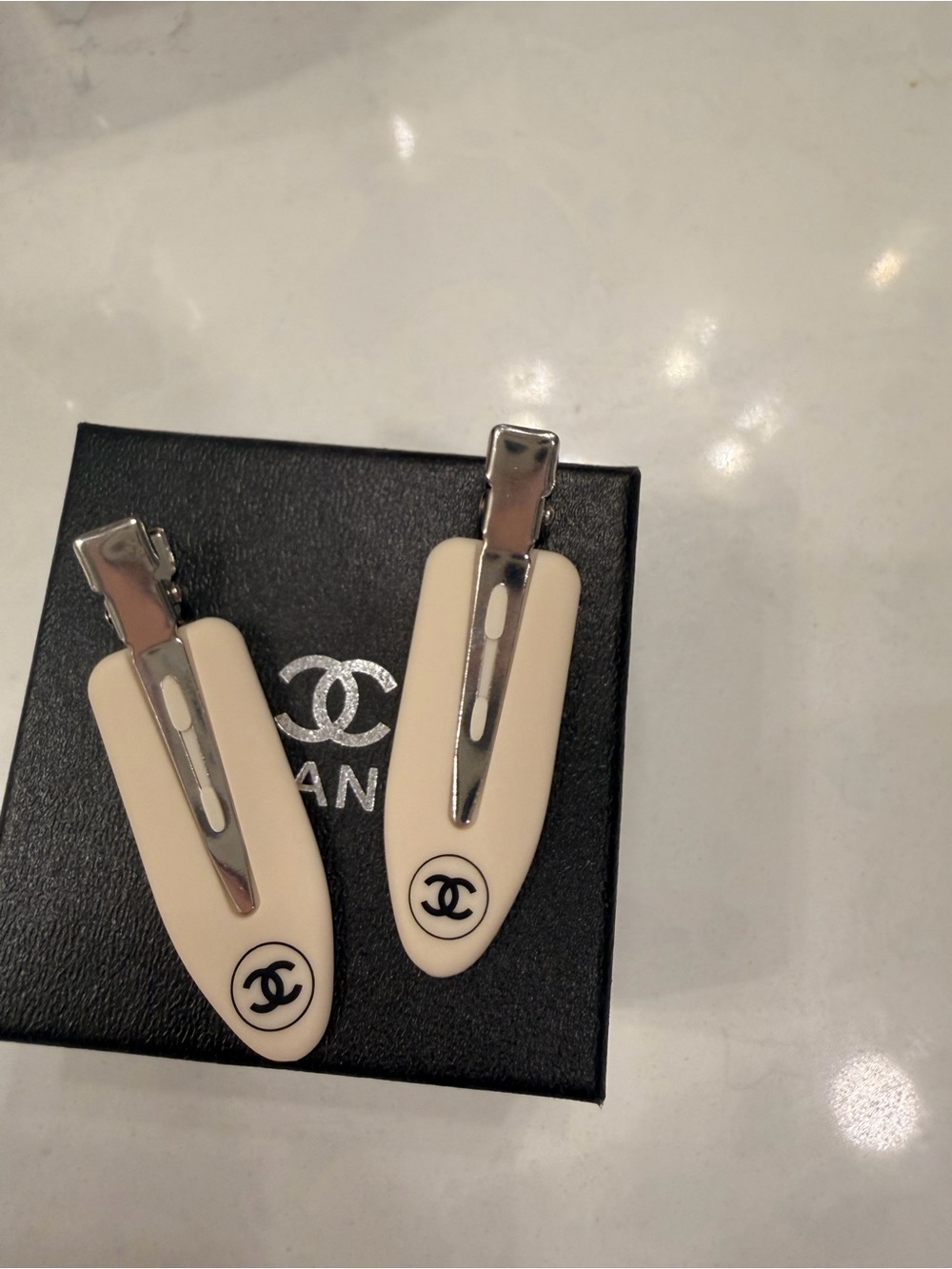Chanel Beige Logo Hair Clips - Pair